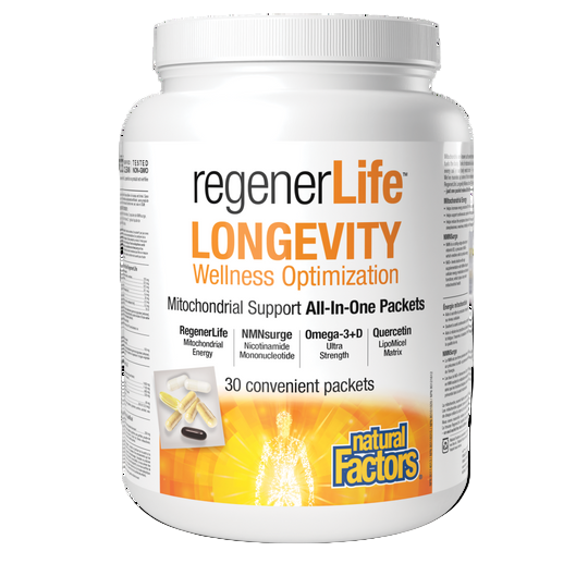RegenerLife Longevity Wellness Optimization supplement container on a white background