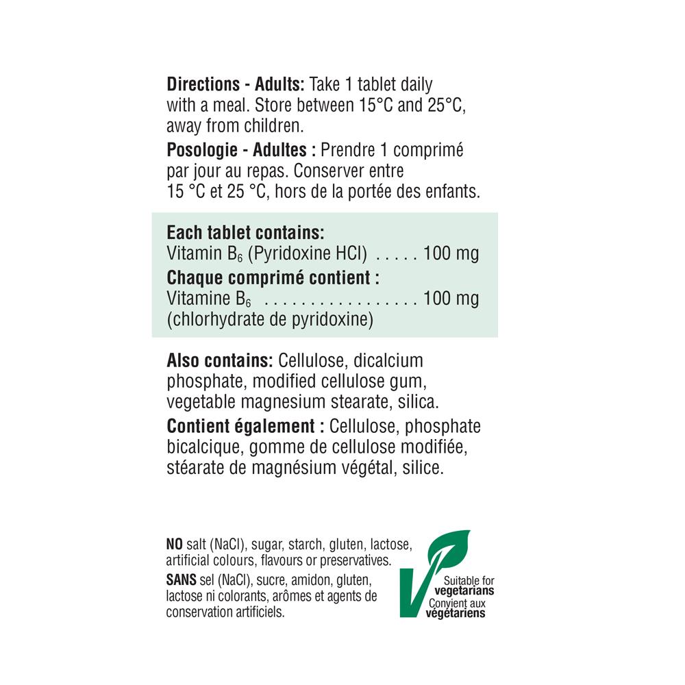 健美生 Jamieson VItamin B6, 100 mg, 100 tablets Canada Label information