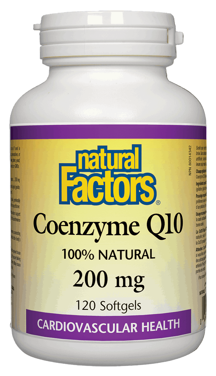 Bottle of Natural Factors Coenzyme Q10 supplement on a white background