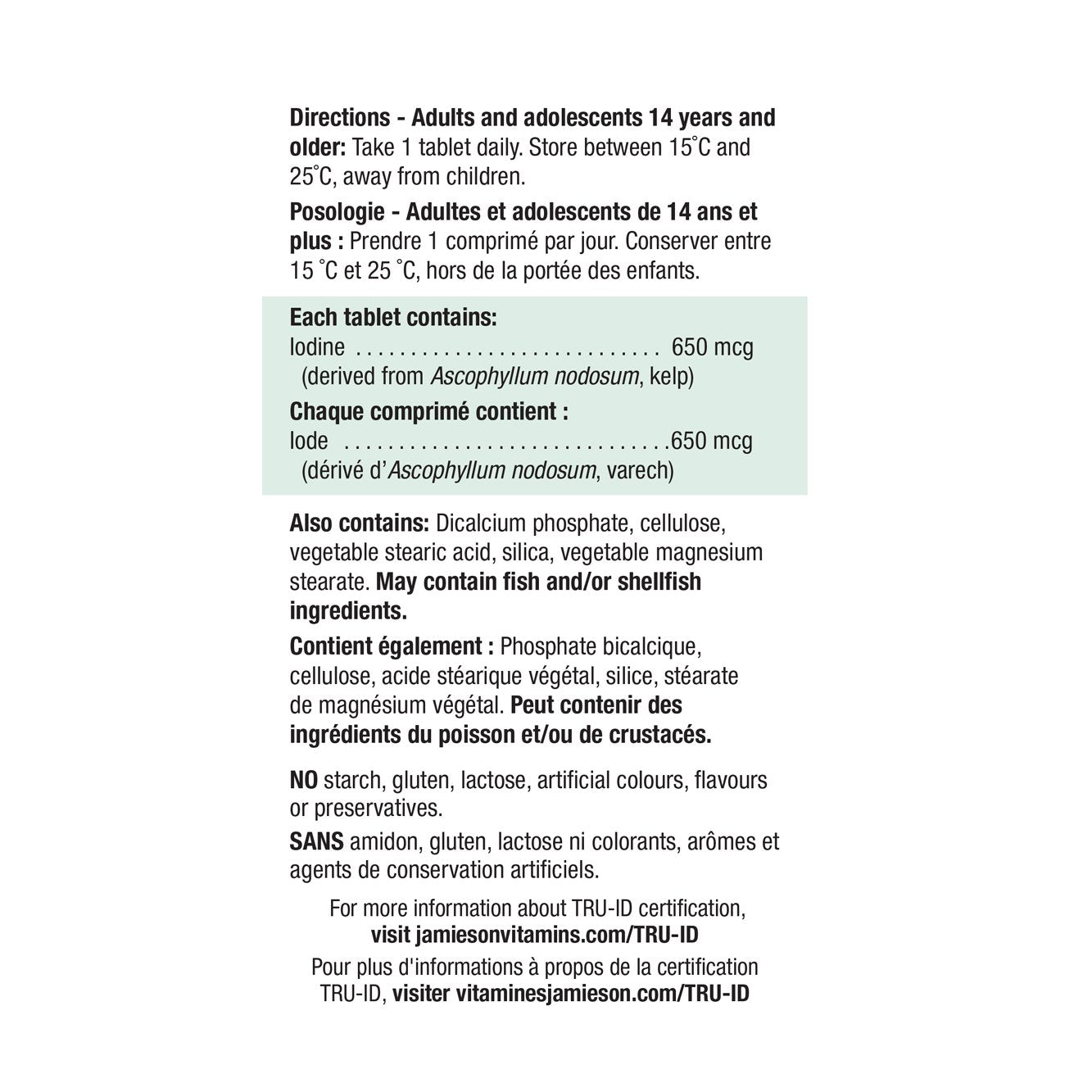 Jamieson Kelp 100 tablets ingredients