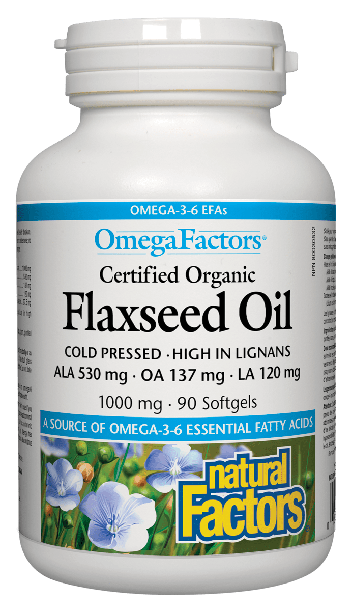A bottle of Natural Factors Certified Organic Flaxseed Oil with 90 softgels, labeled as a source of omega-3 fatty acids and certified organic by PAC Inc.