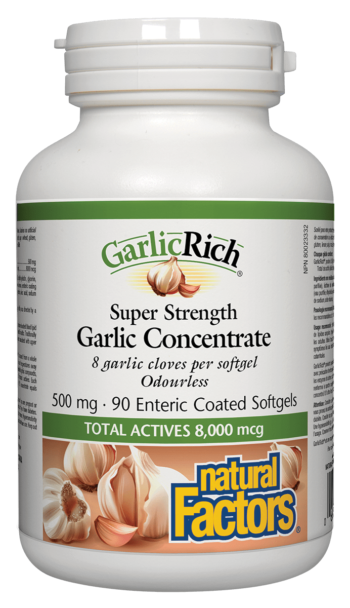 Bottle of Natural Factors GarlicRich Super Strength Garlic Concentrate, with 500 mg of garlic powder per softgel, in a white bottle with green and brown labeling.