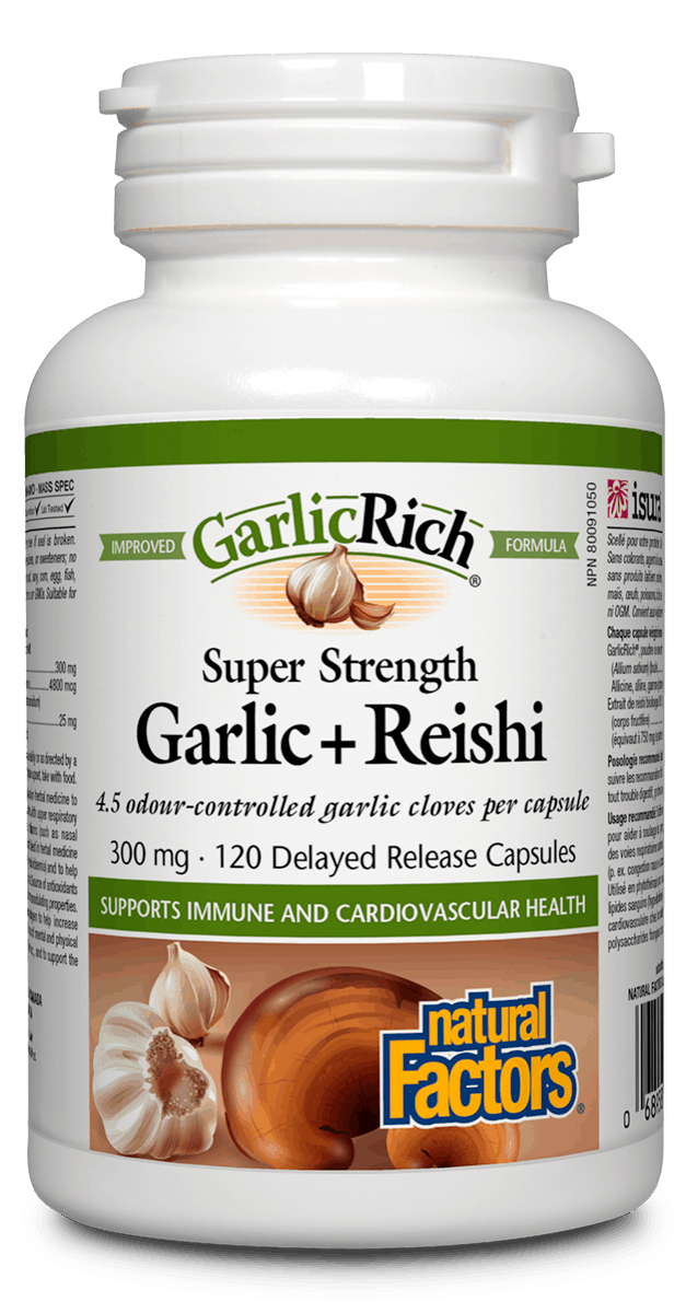 A bottle of Natural Factors Garlic + Reishi 300 mg with 120 veg caps. The label shows garlic and reishi mushroom, indicating the ingredients and benefits for immune and cardiovascular health.