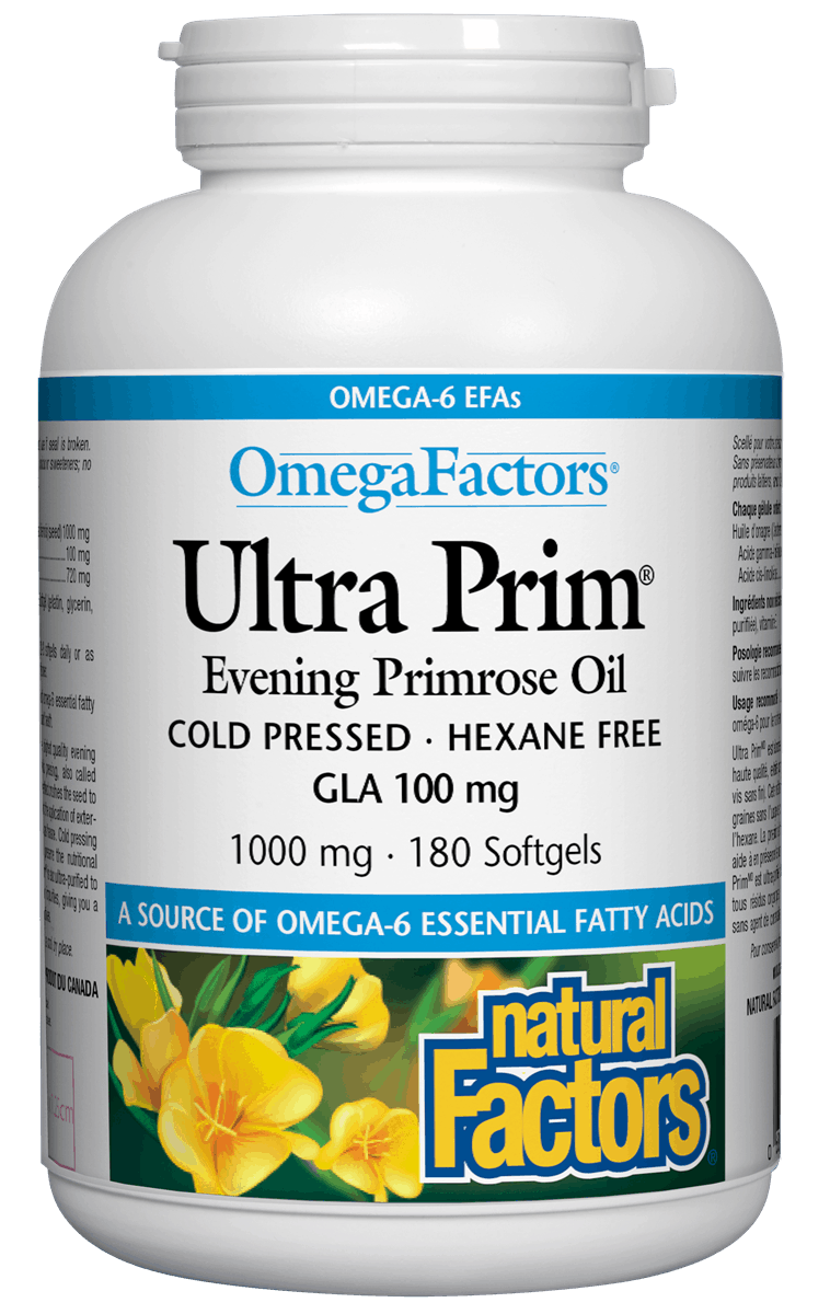 A bottle of Natural Factors OmegaFactors Ultra Prim Evening Primrose Oil softgels, 1000mg, with 180 softgels.
