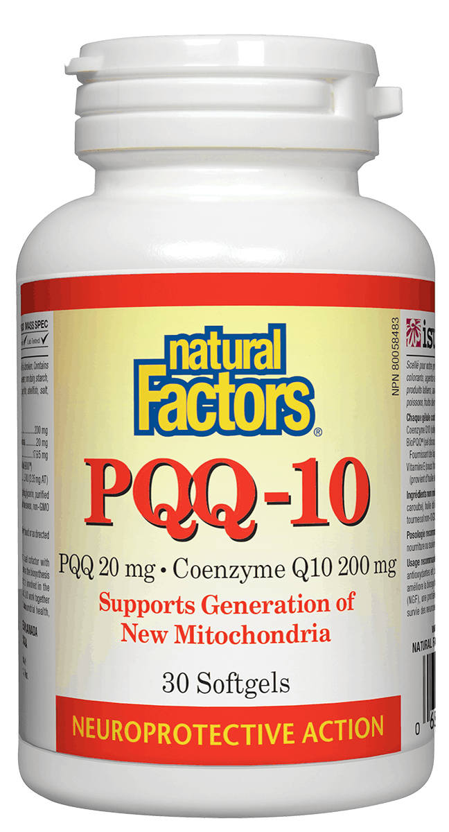 A bottle of Natural Factors PQQ-10 Ubiquinol, 30 softgels. The label indicates it contains Coenzyme Q10 and supports mitochondrial function.