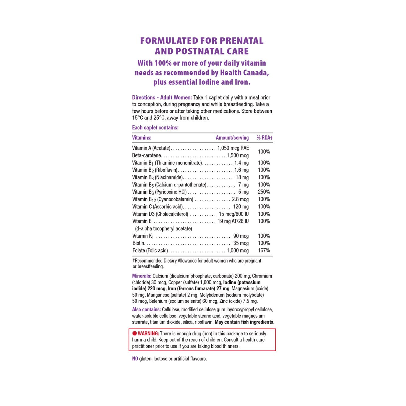  健美生 Jamieson Prenatal 100% Complete Multivitamin, 100 caplets ingredient information panel photo Canada
