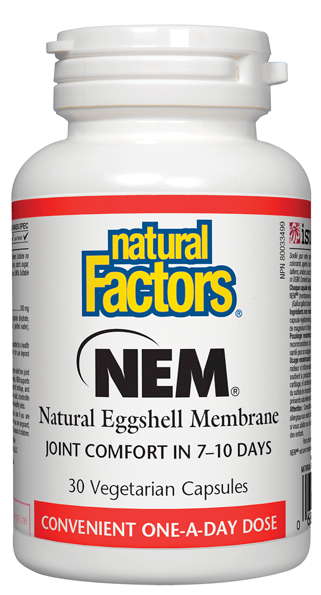 A bottle of Natural Factors NEM Natural Eggshell Membrane joint comfort capsules with 30 vegetarian capsules, convenient one-a-day dose.