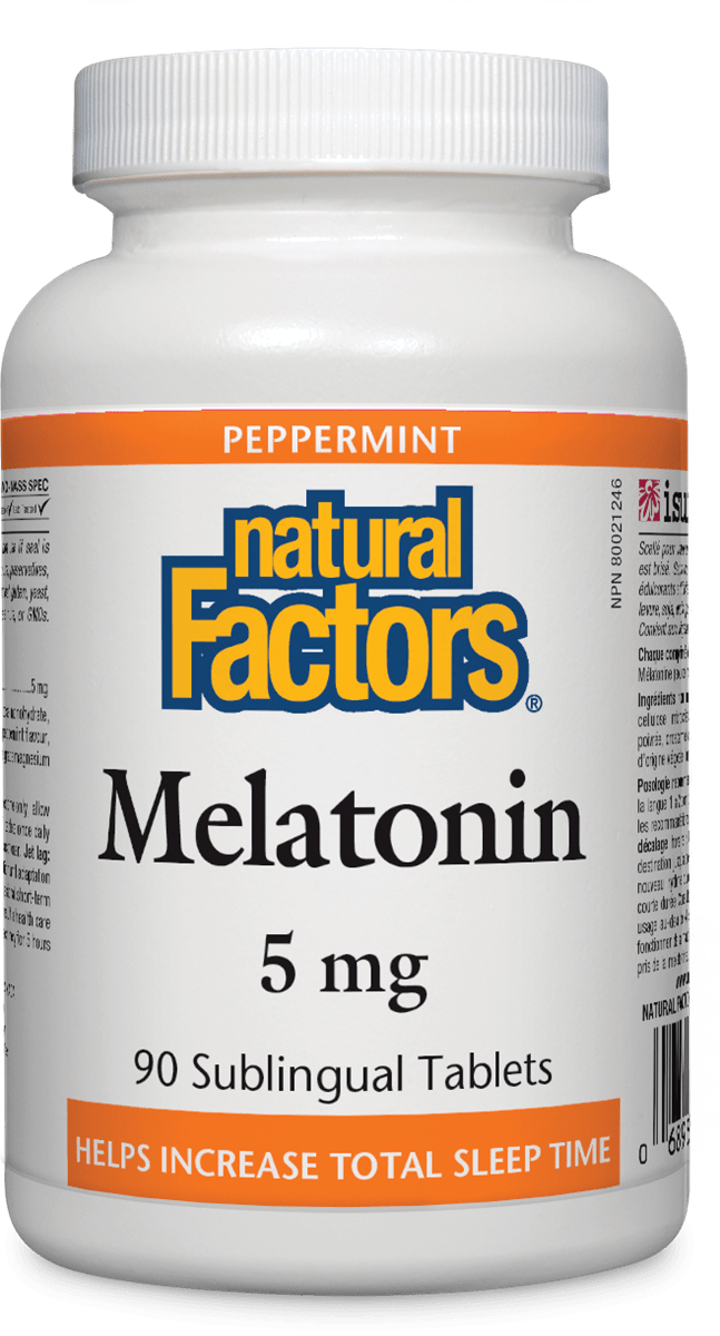 Bottle of Natural Factors Melatonin 5 mg with 90 sublingual peppermint tablets.