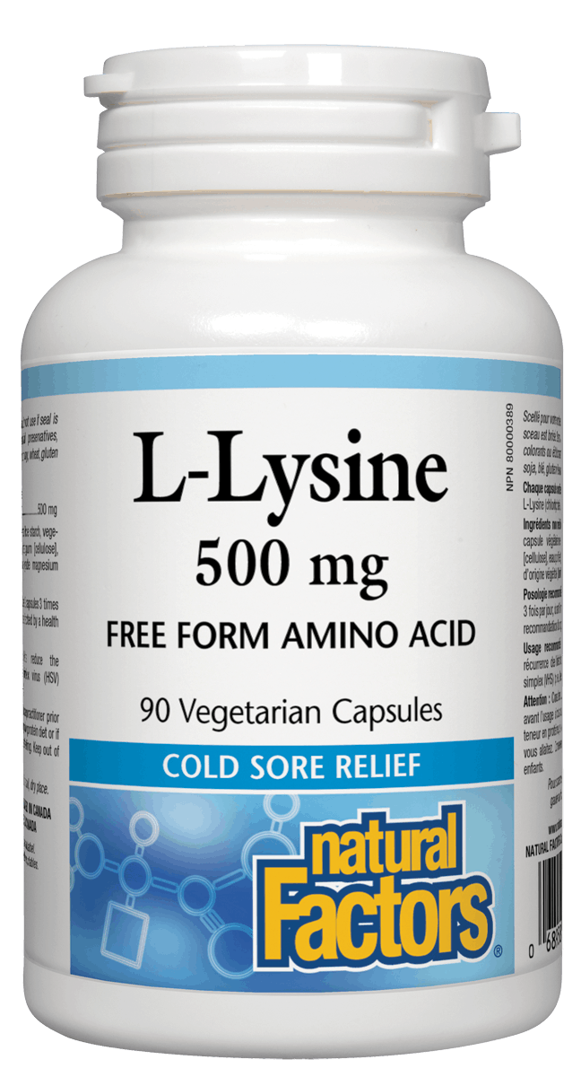 A bottle of Natural Factors L-Lysine 500 mg with 90 vegetarian capsules, labeled for cold sore relief.
