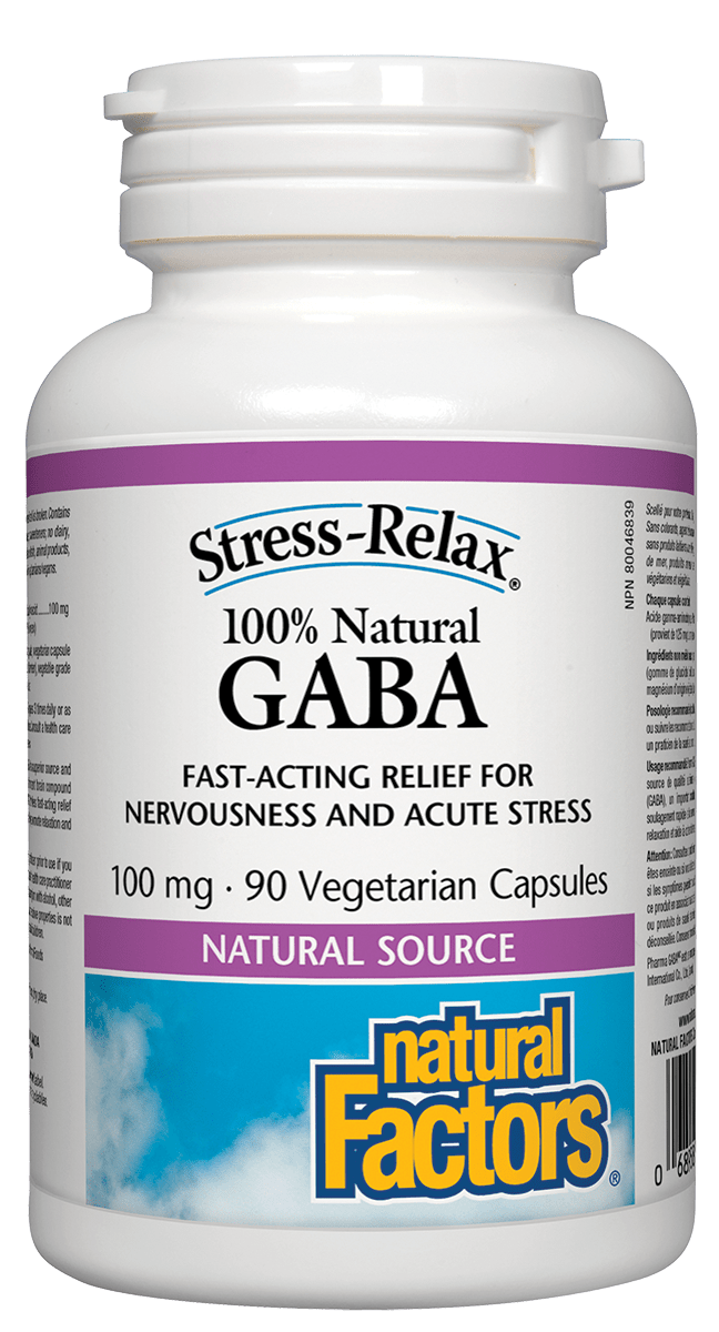 A bottle of Natural Factors Stress-Relax 100% Natural GABA dietary supplement with 90 vegetarian capsules.