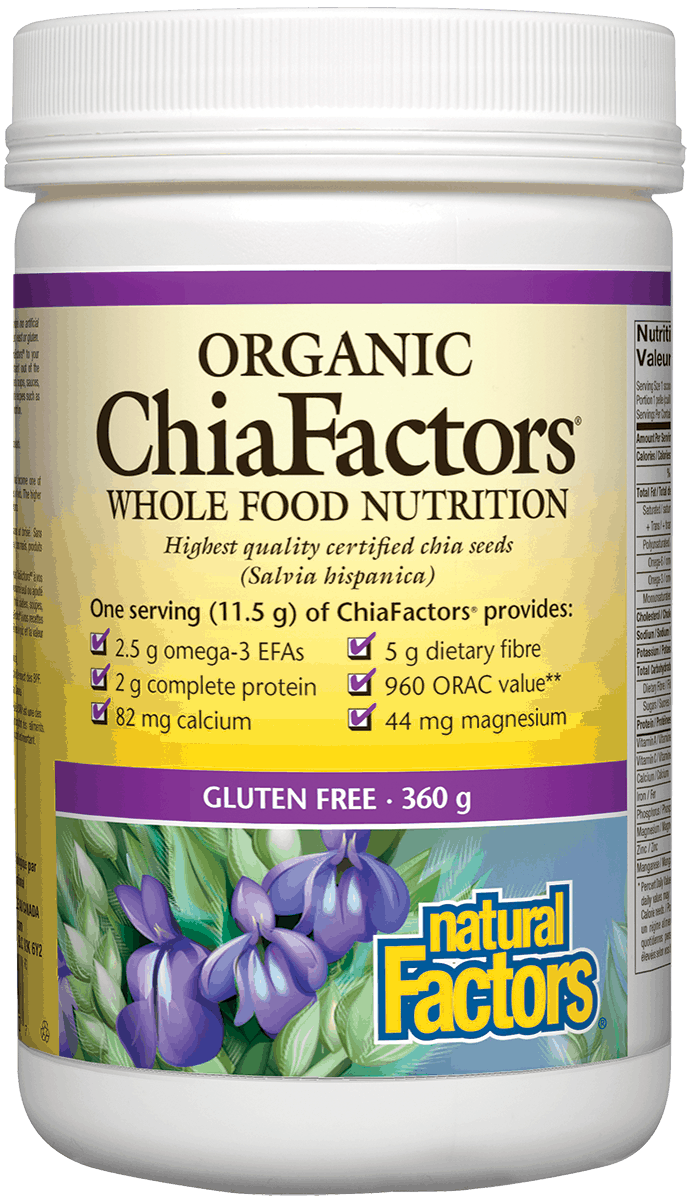 A container of Natural Factors Organic ChiaFactors Whole Food Nutrition, featuring organic chia seeds. The container has a white background with a label that includes the product name, a purple flower graphic, and icons indicating the product is gluten-free and non-GMO.