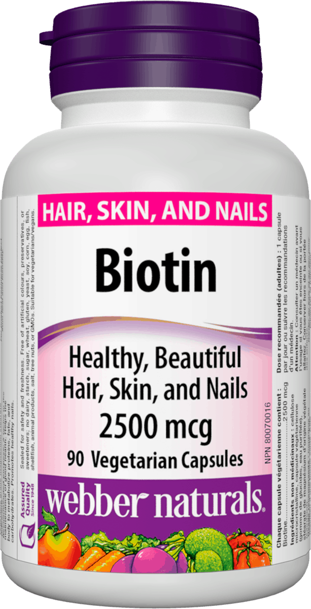 Webber Naturals  Biotin 2500 mcg 90 Vegetarian Capsules label from Canada