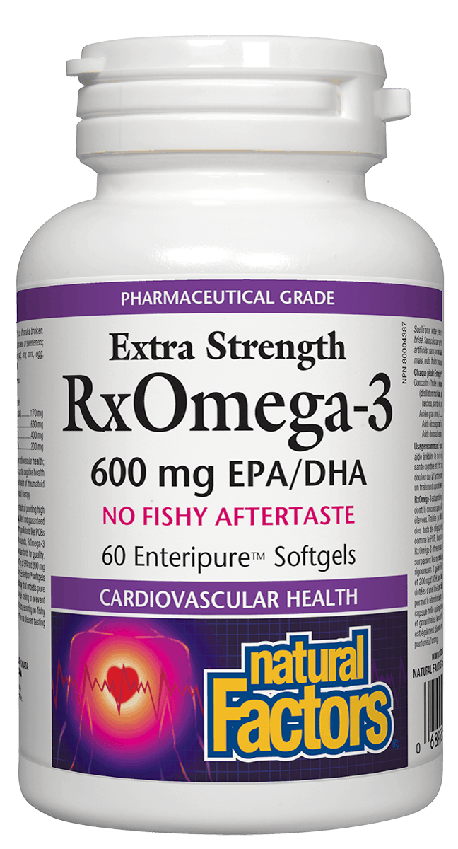 A bottle of Natural Factors RxOmega-3 Extra Strength with 60 softgels, emphasizing 600 mg EPA/DHA and no fishy aftertaste.