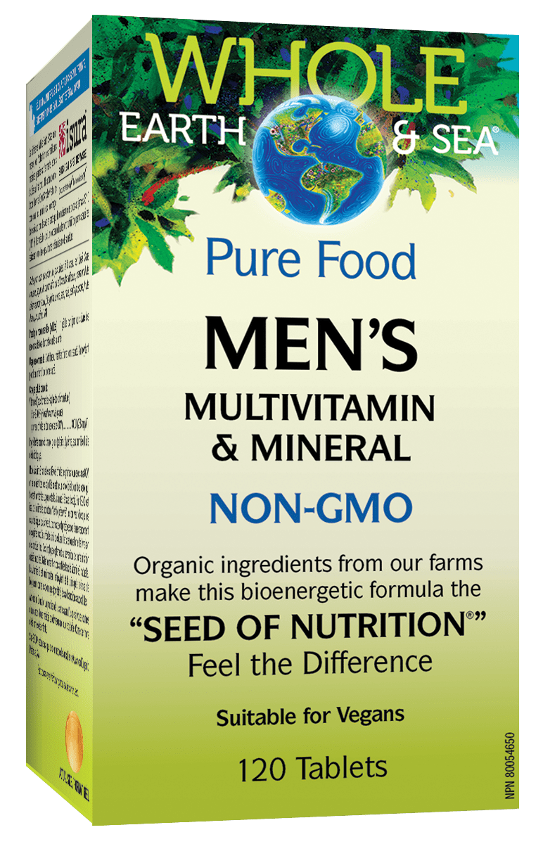 Box of Natural Factors Men's Multivitamin & Mineral 120 tablets, highlighting organic and non-GMO ingredients with a green background and a globe illustration.