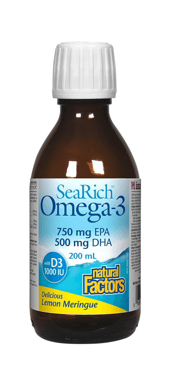 Bottle of Natural Factors SeaRich Omega-3 supplement with vitamin D3, in Lemon Meringue flavor, 200 ml size.