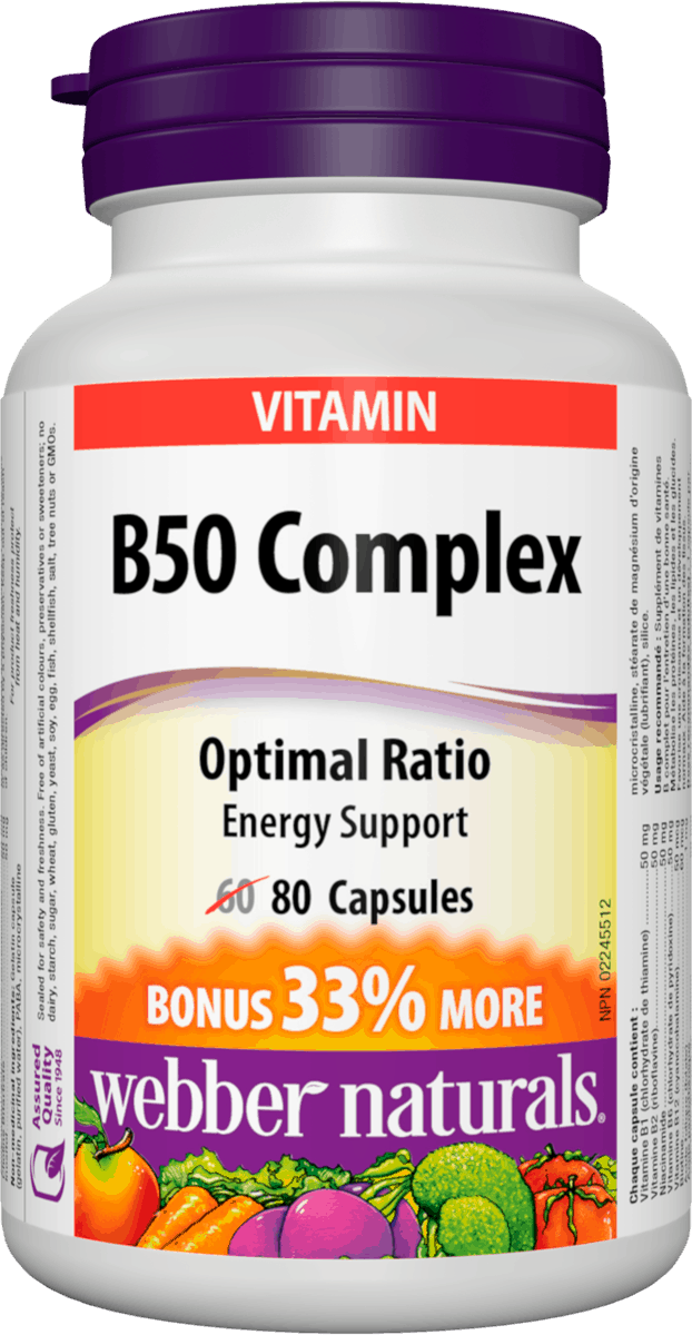 A bottle of Webber Naturals B50 Complex vitamins, which contains 80 capsules and is labeled for energy support.