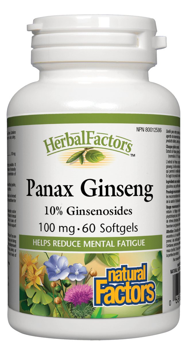 A bottle of Natural Factors Panax Ginseng, with a label showing the product name, an image of a ginseng root, and the claim of '100% Ginsenosides'. It states 100 mg per softgel and mentions it helps reduce mental fatigue.