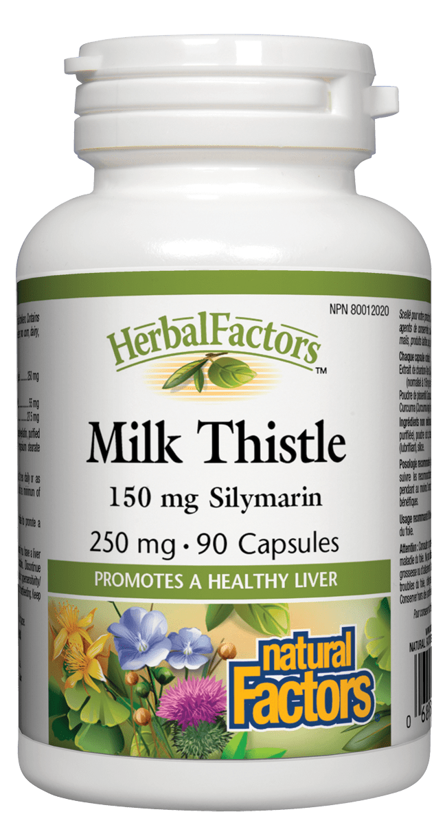 A bottle of Natural Factors Milk Thistle supplement with 90 capsules, each providing 150 mg of silymarin. The label shows the product name, the amount of ingredients per capsule, and highlights liver health support.