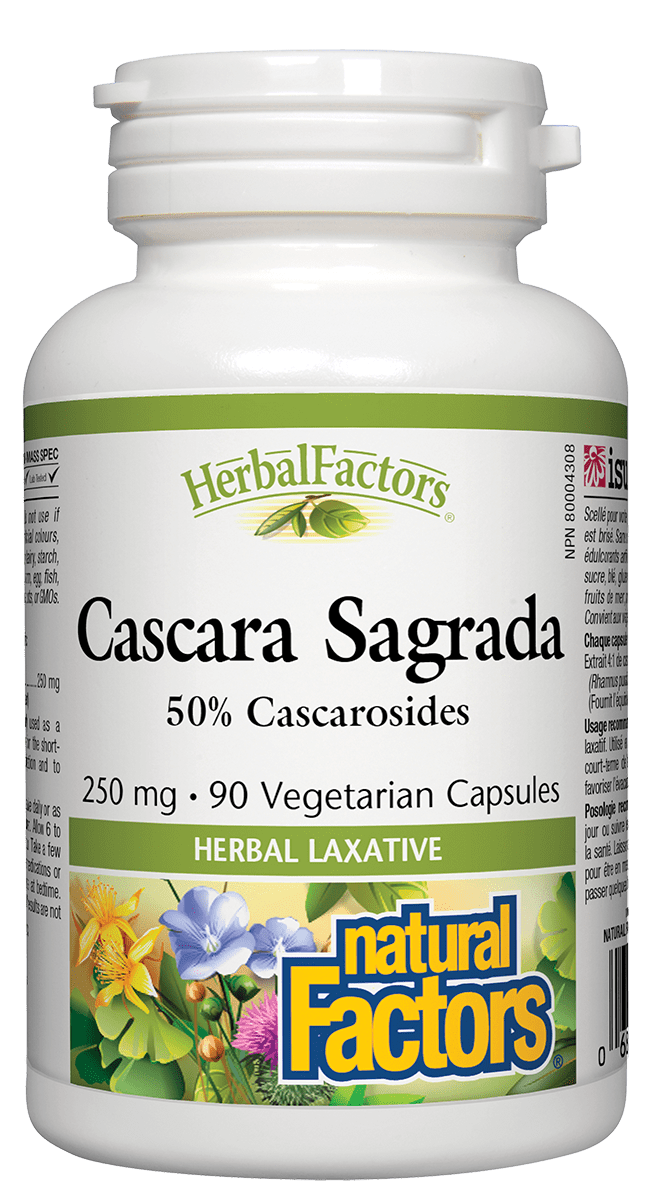 A bottle of Naturals Factors Cascara Sagrada vegetarian capsules, with a label showing the product name and an image of flowers.