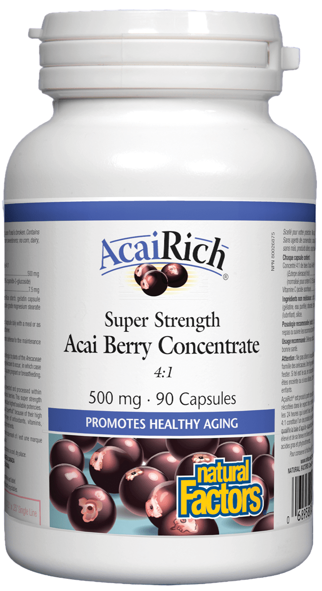 A bottle of Natural Factors AcaiRich, 500mg, 90 caps, super strength acai berry concentrate.  Canadian label sold by natvd.com