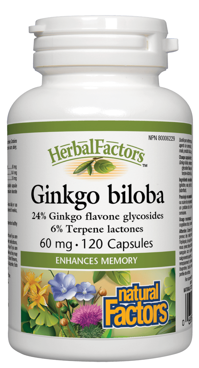 A bottle of Natural Factors Ginkgo Biloba extract with 120 capsules, featuring floral imagery and product information on the label.