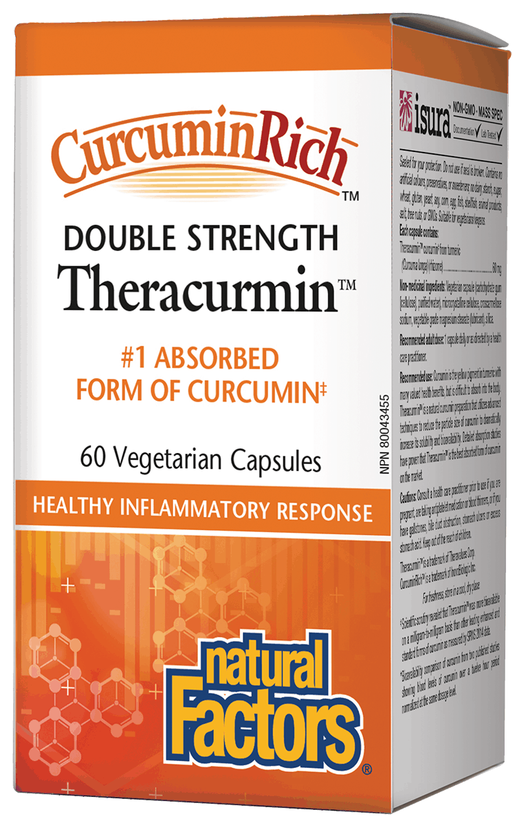 Packaging for CurcuminRich Double Strength Theracurmin, 60 Vegetarian Capsules with the Natural Factors logo.
