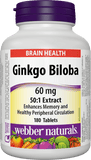 Webber Naturals Ginkgo Biloba Extract 24%,  60mg, 180 tablets