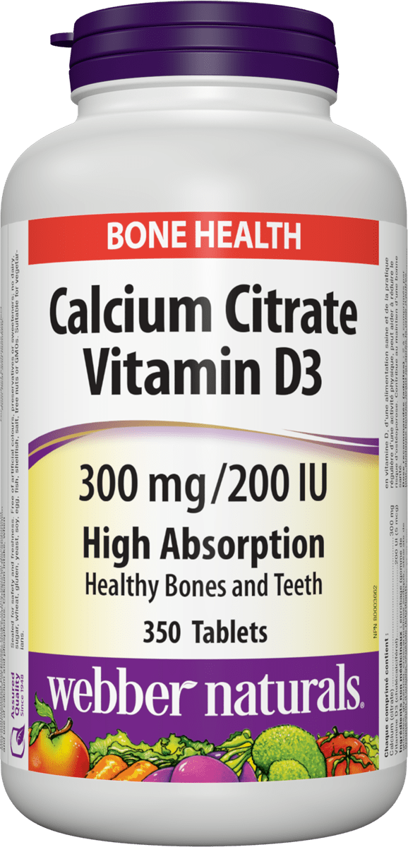 Bottle of Webber Naturals Calcium Citrate with Vitamin D3 supplements, 350 tablets, 300 mg / 200 IU.
