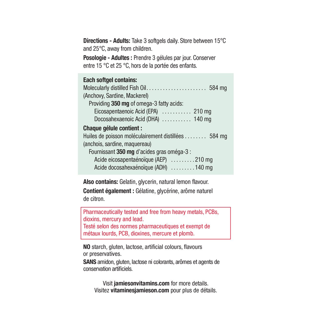 Jamieson Omega 3 Extra Strength Mini 700mg, 200 softgels 健美生 ingredient panel photo