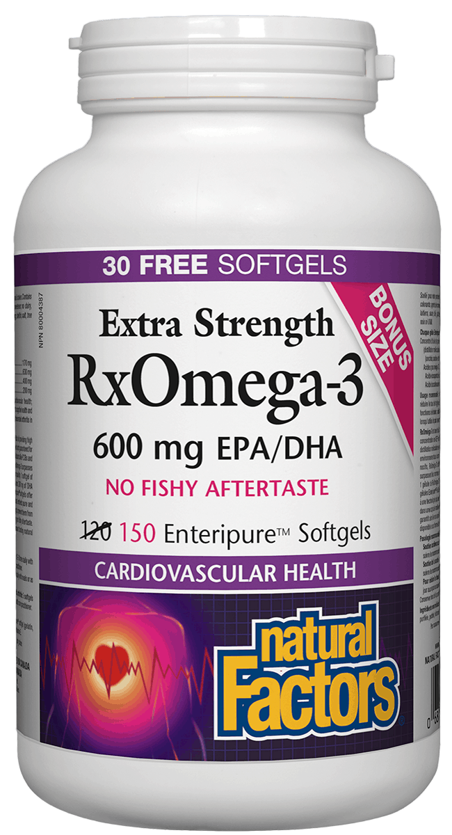 A bottle of Natural Factors BONUS RxOmega-3 Factors, containing 150 softgels, with 30 free sold online by natvd.com