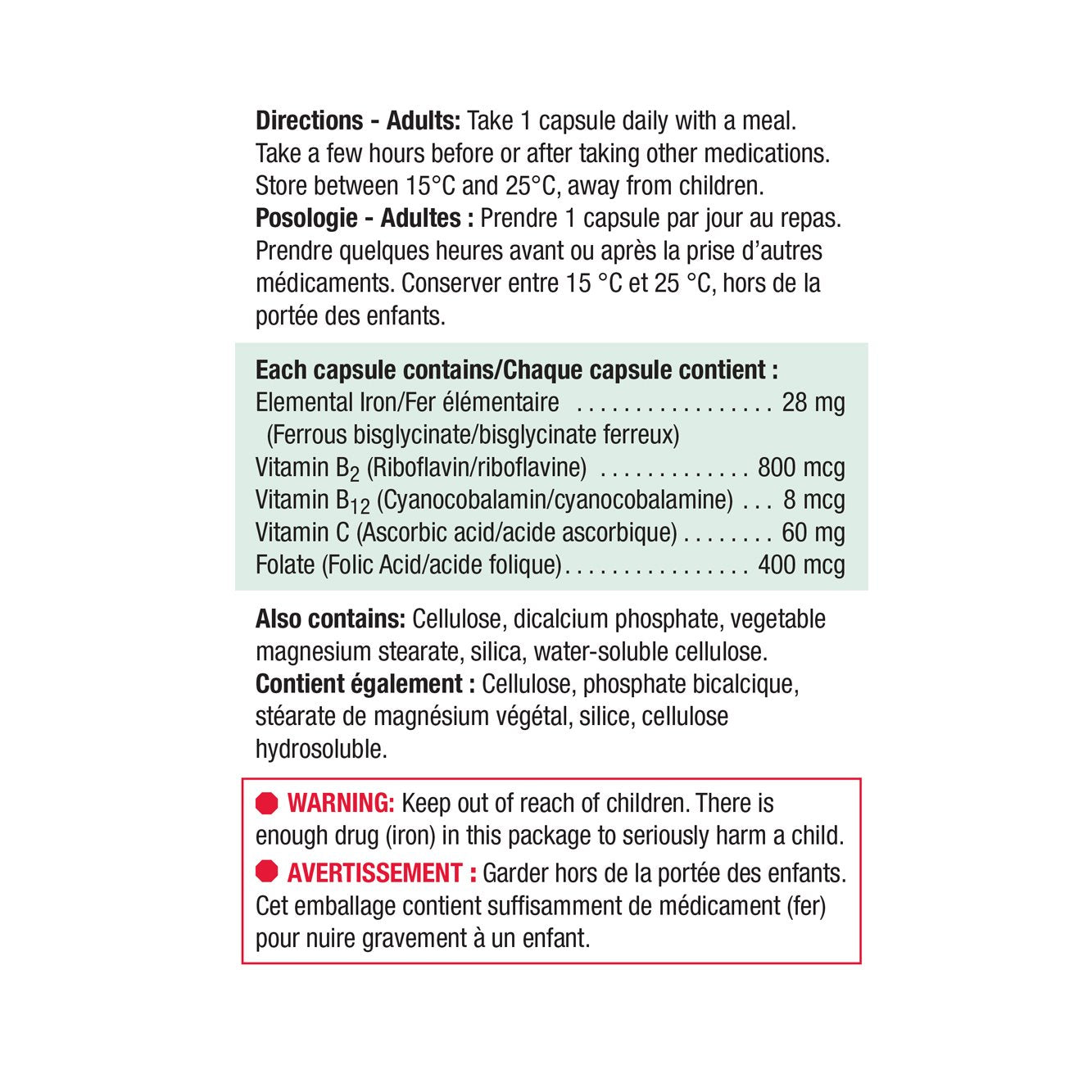 Jamieson Gentle Iron 28 mg 90 veg capsules ingredients