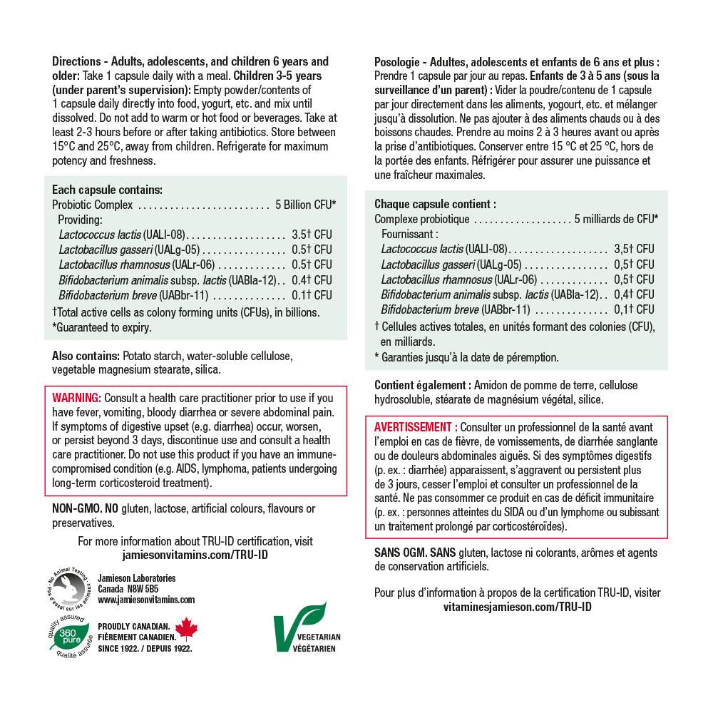 健美生 Jamieson Probiotic 5 Billion, 60 + 12 vegetarian caps  information panel photo