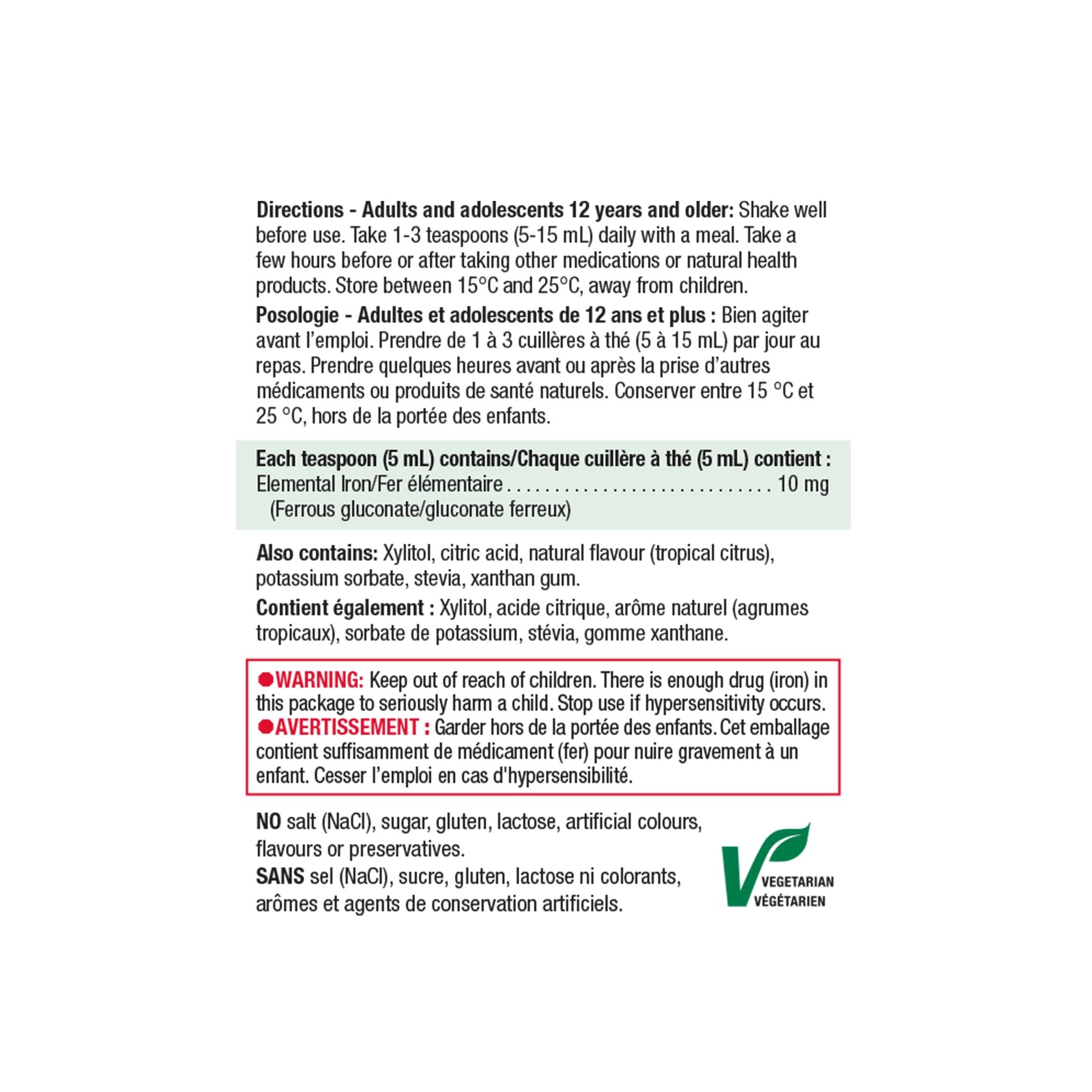 Jamieson Iron Liquid 10mg Tropical Citrus, 200ml ingredients