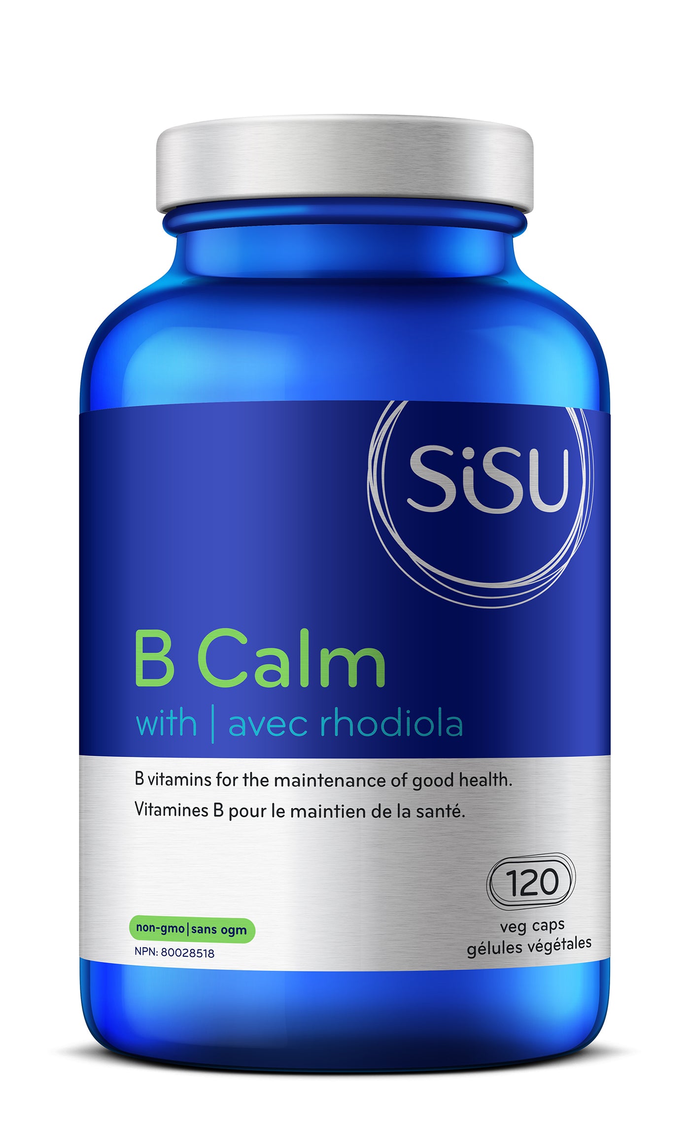 A bottle of SISU B Calm with Rhodiola, containing 120 vegetable capsules for dietary supplement.