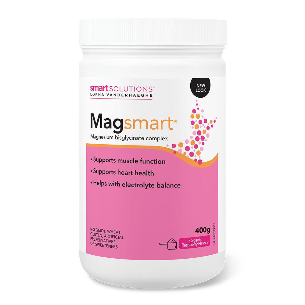 A container of Lorna Vanderhaeghe Magsmart in raspberry flavor, 400g size, with pink and white label.