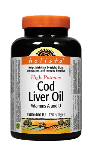 Bottle of Holista High Potency Cod Liver Oil softgels, 2500 IU of vitamin A and 400 IU of vitamin D, with 120 softgels.