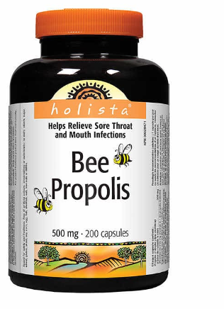 A bottle of Holista Bee Propolis supplement with 200 capsules, each containing 500mg of bee propolis.