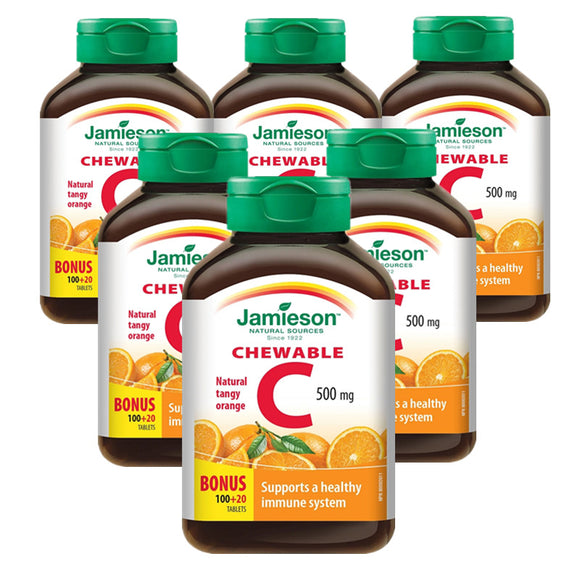 6 Pack x Jamieson Chewable Vitamin C, Tangy Orange, 500 mg, 100 tablets + 20 FREE BONUS