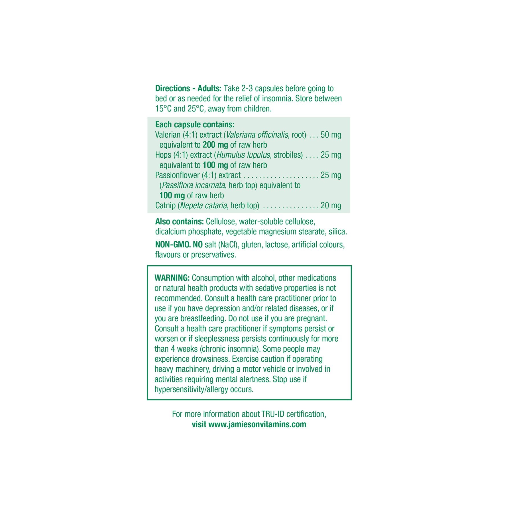 健美生 Jamieson Valerian Herbal Complex Relax & Sleep Herbal Complex 60 capsules Canada ingredient information panel