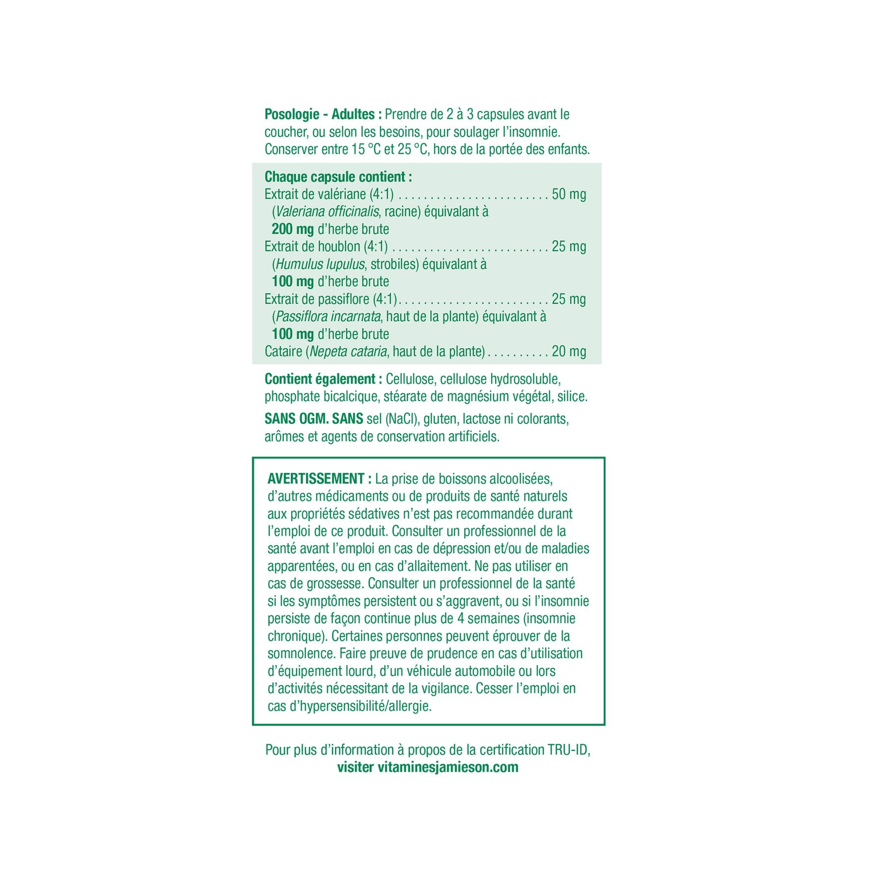 健美生 Jamieson Valerian Herbal Complex Relax & Sleep Herbal Complex 60 capsules Canada information panel french