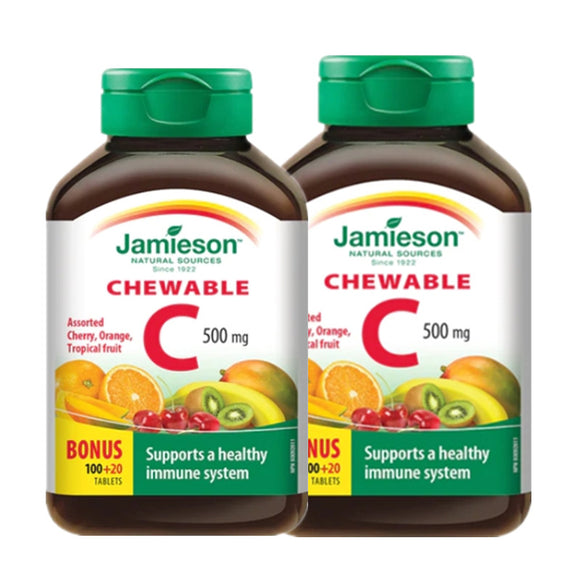 【优惠组合】2瓶 x Jamieson 维生素 C 咀嚼片，组合口味（樱桃、热带和浓郁橙），500 毫克，120 片