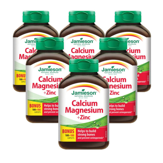 6 x Jamieson Calcium Magnesium with Zinc, 100 caplets + 100 FREE BONUS Bundle