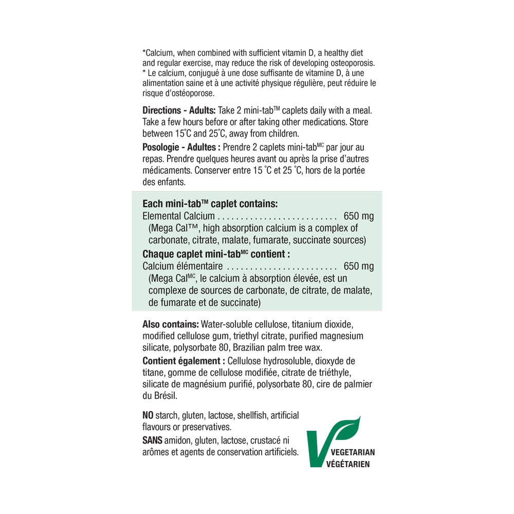 Jamieson Mega Cal™ Calcium, 650 mg, 100 + 20 Caplets Bonus ingredients 健美生