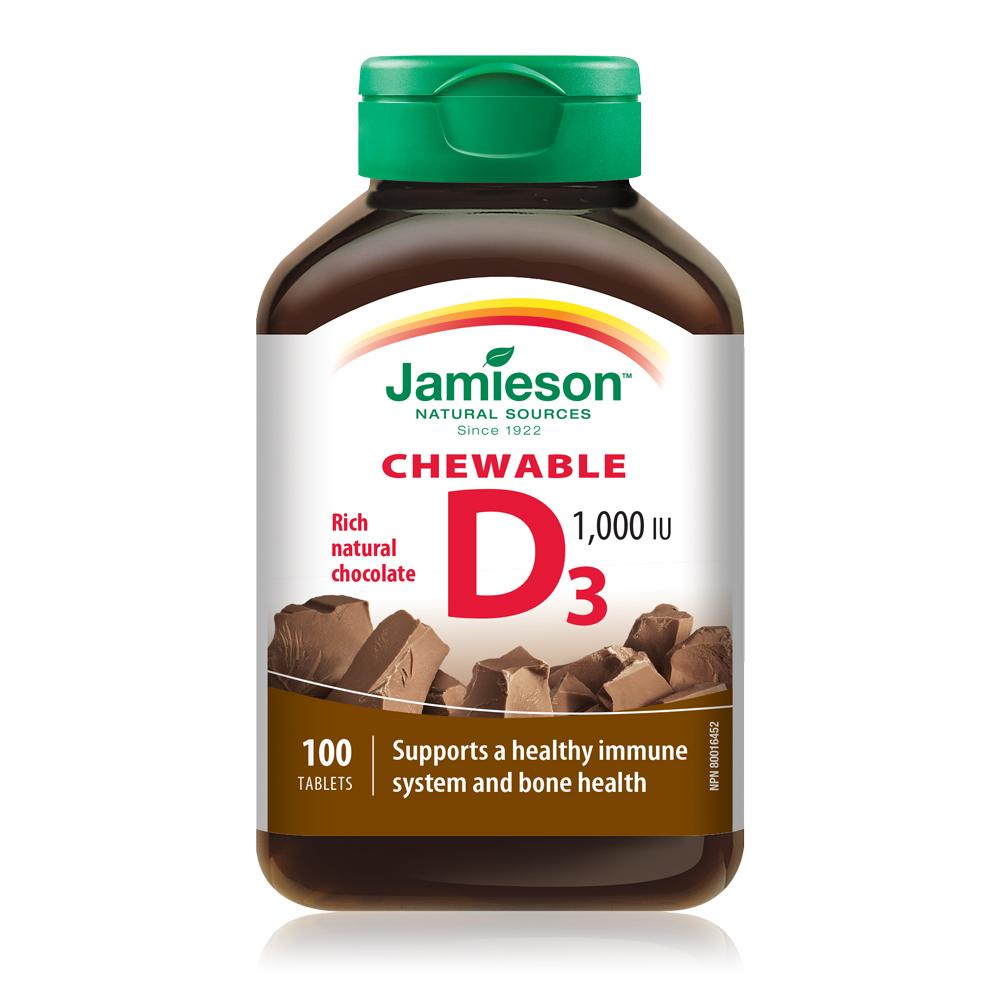 Jamieson Chewable Vitamin D, 1000IU, Chocolate flavour, 100 tablets 健美生