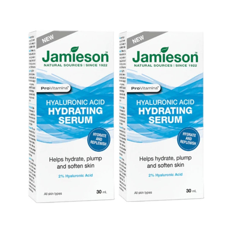 Two bottles of Jamieson Hyaluronic Acid Hydrating Serum, 30ml each, with product information and branding on the labels.