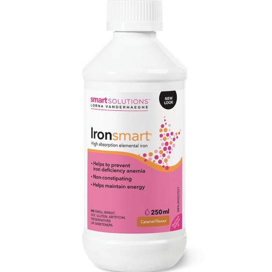 A bottle of Lorna Vanderhaeghe Ironsmart, a dietary supplement designed to prevent iron deficiency anemia, with a label indicating 250 mL volume and caramel flavor.