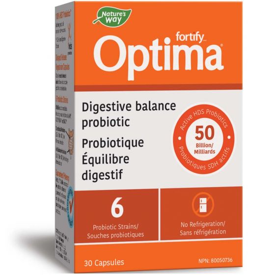 Box of Nature's Way Fortify Optima Digestive Balance Probiotic with 30 capsules. The packaging is orange and white with product information and branding visible.