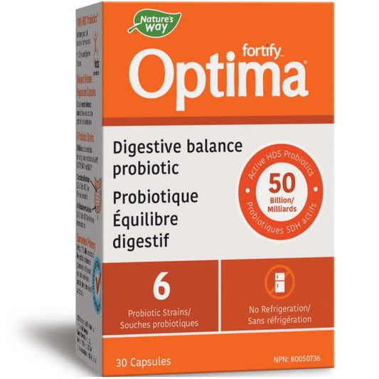 Box of Nature's Way Fortify Optima Digestive Balance Probiotic with 30 capsules. The packaging is orange and white with product information and branding visible.
