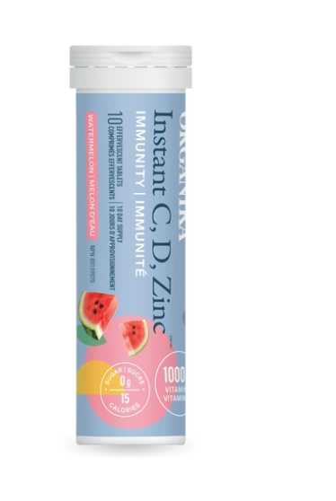 优格康 Organika Instant C, D, Zinc Immunity Effervescent - Watermelon, 10 tabs per tube Canada 