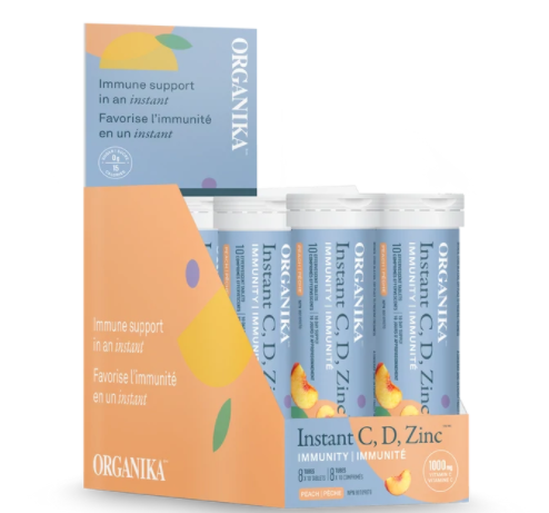 Organika Instant C, D, Zinc Immunity Effervescent - Peach, 10 tabs x 8 tubes